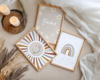 Daisy Beige Boho Pictures, Girl's Name Sun Poster, Wall Decor Flowers and Rainbow, Name Poster Picture Set, 3 Posters, Wall Art