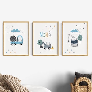 Kinderzimmer Poster Junge, Kinderspruch Kinderzimmerdeko Baustelle, Fahrzeuge Kinderposter Bagger, Namensposter, Babyzimmer, Bagger, Blau