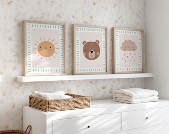 Baby Room Pictures 3-Piece Set Boho Bear, Poster Sun Cloud Hearts, Beige Wall Decor for Baby, Gift for Birth of a Boy or Girl, Children's Room Decor Animals