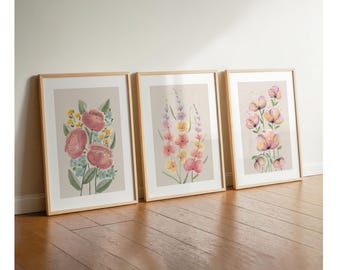 Pictures living room youth room flowers, poster set watercolor plants, wall decoration gray and pink, bedroom, hallway decoration, wall pictures vintage