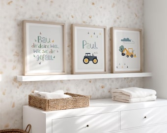 Children's room pictures, set of 3: tractor, poster with the saying "Build your world", excavator, name for baby boy's room, customizable wall decor, wall art