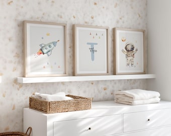 Personalized Astronaut Poster Set – Space Pictures for a Boy's Nursery – Rocket Wall Art with Name – Baby Room Decor – Boho Gift for Birth