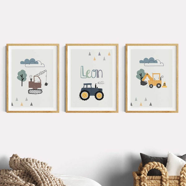 Kinderzimmer Bilder Junge Traktor, Wanddeko Poster Set Bagger, personalisiert mit Name Deko Baby Geburt, Baustelle Fahrzeuge Bauernhof Auto