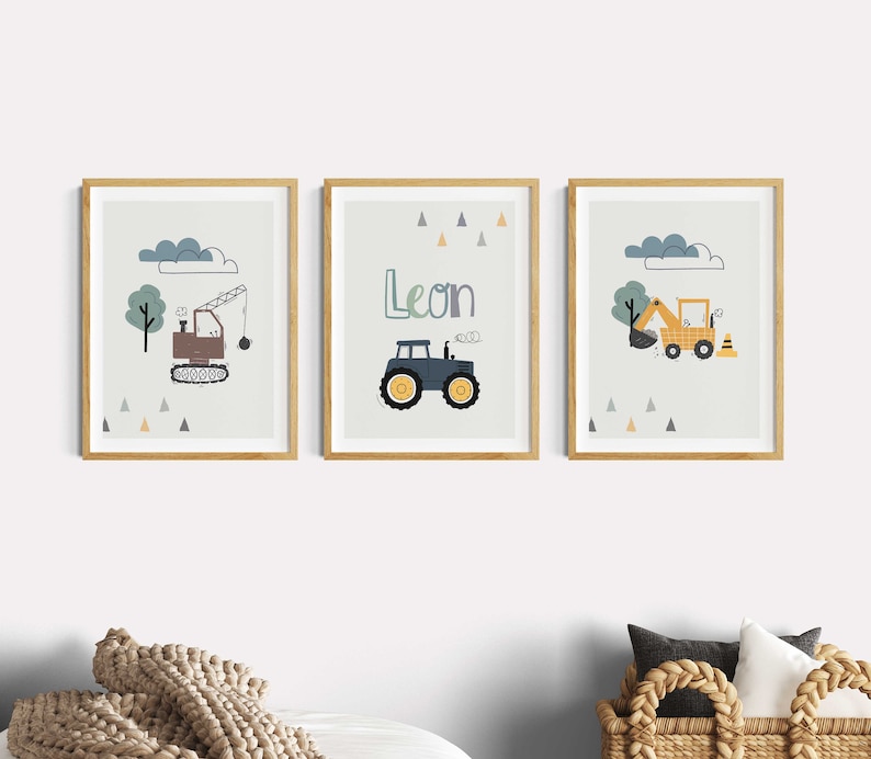 Kinderzimmer Bilder Junge Traktor, Wanddeko Poster Set Bagger, personalisiert mit Name Deko Baby Geburt, Baustelle Fahrzeuge Bauernhof Auto Szary