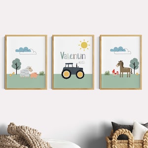 Kinderzimmer Poster Junge, Bauernhof Tiere und Sonne, Pferd Schwein Schaf, Traktor, Farm, personalisiert 3er Bilder Set, Wolken Wandbilder