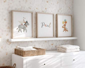 Personalized Animal Poster Set for Children's Rooms | Boho Wall Art for Baby's Room: Donkey, Fox, Goose | Watercolor Animal Poster for Boys and Girls, Beige