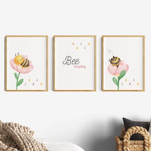 Cuadros habitación infantil niñas, abeja Abeja feliz dicho infantil con flores, cita Boho decoración de pared, juego de carteles de 3 niñas habitación rosa, habitación bebé
