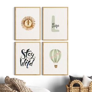 Löwe Kinderzimmer Bilder mit Name Safari Junge, Dschungel Poster Set Tiere, Spruch Initialen Heißluftballon, Babyzimmer Wanddeko, Beige Boho