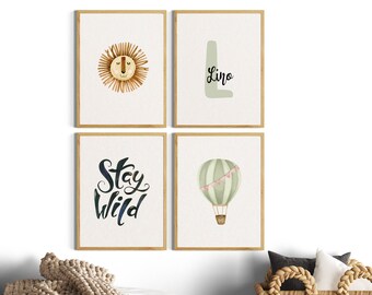 Lion children's room pictures with name Safari Boy, jungle poster set animals, saying initials hot air balloon, baby room wall decoration, beige boho