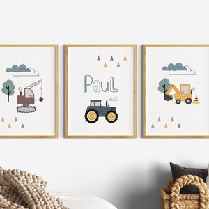 Kinderzimmer Bilder Junge Traktor, Wanddeko Poster Set Bagger, personalisiert mit Name Deko Baby Geburt, Baustelle Fahrzeuge Bauernhof Auto Biały