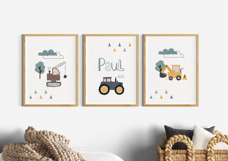 Kinderzimmer Bilder Junge Traktor, Wanddeko Poster Set Bagger, personalisiert mit Name Deko Baby Geburt, Baustelle Fahrzeuge Bauernhof Auto Biały