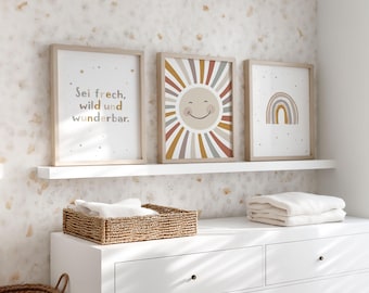 Plakat „Bądź bezczelny, dziki i cudowny” – Obrazy do pokoju dziecięcego z tęczą i słońcem – Sztuka ścienna w stylu boho, wystrój pokoju dziecięcego w kolorze beżowym – Powiedzenie dla dzieci, zestaw 3 sztuk