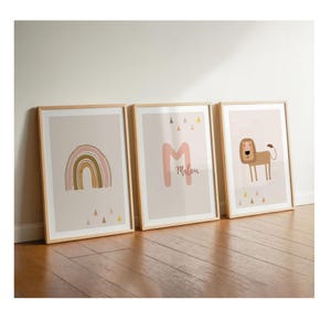 Girls' bedroom pictures, rainbow name lion, children's room decor poster set of 3, girls' room, dusty rose animals beige, wall decor wall art