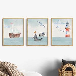 Bilder Kinderzimmer Blau, Jungenzimmer Maritim Poster 3er Set, Wandgestaltung Robbe Bilderset Junge, Wandbilder, Tiere Küste Möwe Babyzimmer