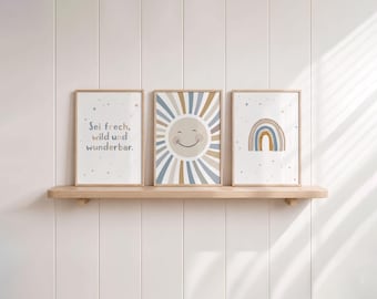 Be bold, wild, and wonderful! Boho 3-piece poster set: sun, beige, blue, rainbow, quote, boy, girl, children's room decor wall art, posters