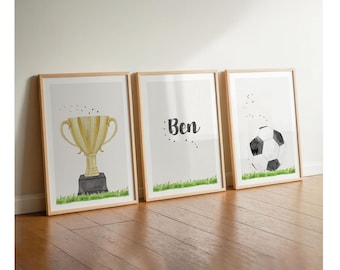 Children's room posters, football design, set of 3, children's room decor for brothers, gift for toddlers, children, teenagers, personalized, football pictures