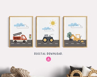 Children's room pictures boy, instant download, set of 3 fire brigade, tractor, excavator, vehicles, children's room decoration boy's room, green, grey, sun