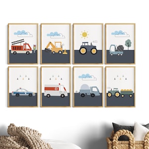 Bilder Kinderzimmer Junge, Feuerwehr, Bagger Traktor Fahrzeuge, 8er Poster Set, Kindersprüche Baustelle, Kinderzimmerdeko, Bunt, Wanddeko