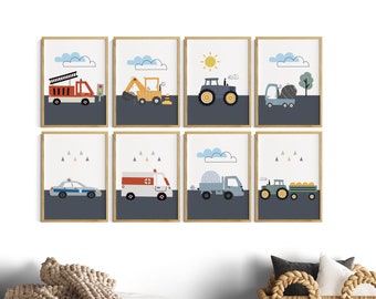 Pictures for a boy's room, fire brigade, excavator tractor vehicles, set of 8 posters, children's sayings construction site, children's room decoration, colorful, wall decoration