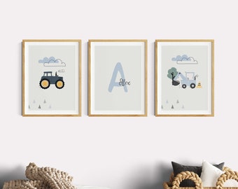 Kinderzimmer Bilder Junge Bagger Traktor, Hellblau Grau Blau Wanddeko, 3er Poster Set, Name Deko Baby, Baustelle Fahrzeuge Buchstabe Pastell