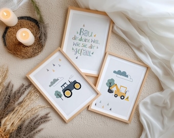 Children's room pictures boy, tractor and excavator poster children's saying, poster set boy's room vehicles, construction site wall decoration and children's room decoration