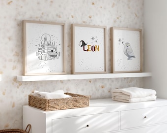 Children's Room Pictures 3-Piece Set Wizard, Personalized Poster Magic Castle Owl, Wall Decor Name Picture for Children, Magical Gift, Wall Art