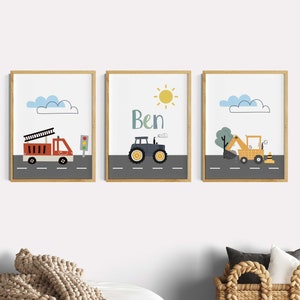 Children's room pictures boy, set of 3 posters boy's room, wall decoration fire department, excavator, sun wall pictures, name posters, baby room, playroom