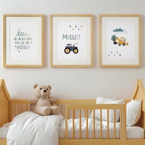 Bilder Kinderzimmer Junge Traktor, Kinderzimmerdeko Poster Set Bagger, Wanddeko Name, Kinder Sprüche, Deko Baby, Baustelle Bauernhof, Grün Bild 5