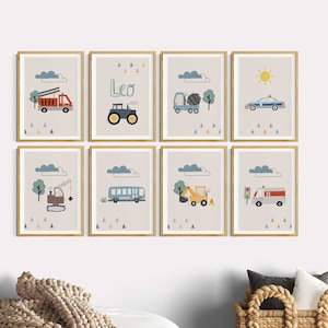 Immagini per la cameretta dei ragazzi, vigili del fuoco, trattori escavatori, set di 8 poster beige, detti per bambini cantiere, decorazione della cameretta dei bambini, decorazione murale