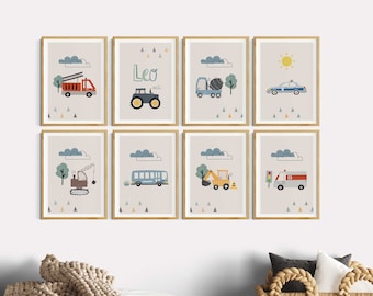 Pictures for a boy's bedroom, fire truck, excavator, tractor, vehicles, 8-piece beige poster set, children's sayings about construction sites, children's room decor, wall decor