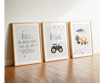 Pictures children's room boy tractor, children's room decoration poster set excavator, wall decoration name, children's sayings, decoration baby, construction site farm, green