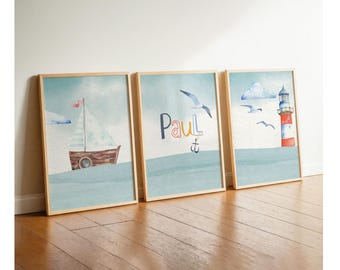 Blue children's room decor for a boy, nautical wall design idea poster set for a boy's room, name wall art, 3 animal pictures, coastal seagull anchor, blue