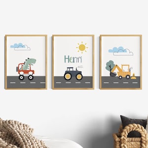 Kinderzimmer Bilder Junge, 3er Dino Traktor Bagger Posterset, Jungenzimmer, Wanddeko, Sonne Wandbilder, Namensposter, Babyzimmer Spielzimmer