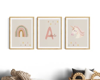 Viejos cuadros rosas habitación niñas, unicornio, arco iris, nombre, boho habitación infantil poster set de 3 niñas beige, gris, habitación bebé, decoración habitación infantil