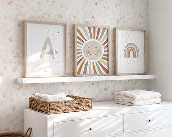 Children's room pictures, sun, personalized, Be cheeky, wild and wonderful, poster for girls, beige, boho rainbow, name, children's room decor