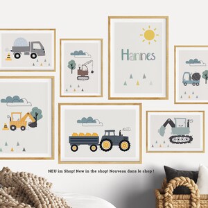 Kinderzimmer Bilder Junge Traktor, Wanddeko Poster Set Bagger, personalisiert mit Name Deko Baby Geburt, Baustelle Fahrzeuge Bauernhof Auto Bild 10