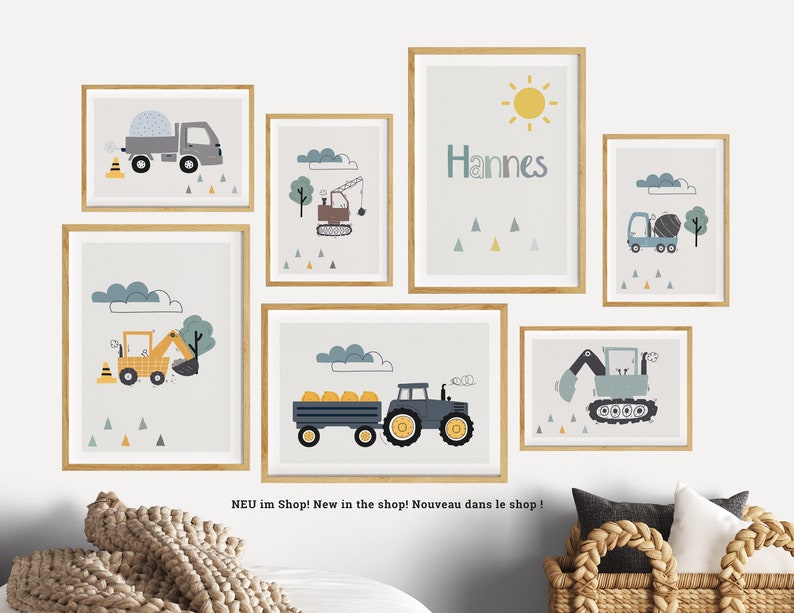 Kinderzimmer Bilder Junge Traktor, Wanddeko Poster Set Bagger, personalisiert mit Name Deko Baby Geburt, Baustelle Fahrzeuge Bauernhof Auto Bild 10