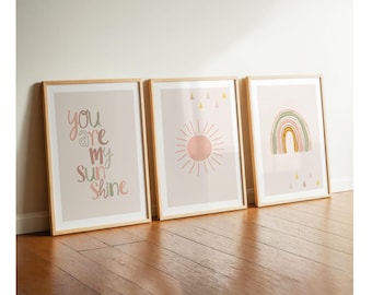 Girls' bedroom poster set, dusty rose boho, "You are my sunshine", rainbow sun, children's poster, children's quote, girl's room, pink