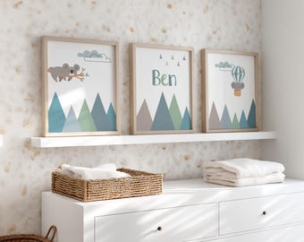Children's room pictures with animals for a boy, personalized name, children's poster set with mountains, koala, elephant, and hot air balloon, baby shower gift, wall decoration