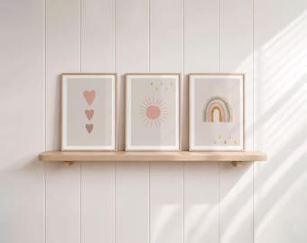 Girls' bedroom pictures, set of 3, boho style; minimalist baby room posters, neutral colors, rainbow, sun, hearts; Scandinavian wall decor, earth tones