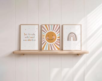 Boho-inspired children's room pictures, Be cheeky, wild and wonderful, poster set, sun, dusty rose orange, rainbow, quote, boy girl's room decor