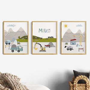 Kinderzimmer Bilder Junge Baustelle, Wanddeko Poster Set Bagger, Berge, bunt, personalisiert Name, Tiere, Baby, Sonne, Fahrzeuge Bauernhof