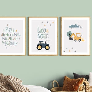 Bilder Kinderzimmer Junge Traktor, Kinderzimmerdeko Poster Set Bagger, Wanddeko Name, Kinder Sprüche, Deko Baby, Baustelle Bauernhof, Grün Bild 10