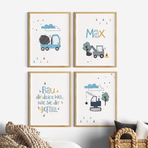 Juego de imágenes para la habitación de los niños, excavadora de tractor para niños, nombre de 4 carteles, sitio de construcción de dichos para niños, decoración de la habitación de los niños, cartel con el nombre gris azul, cuadros de pared