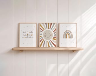 Be cheeky, wild, and wonderful poster – Rainbow and sun children's room pictures – Boho wall art, beige baby room decor – Children's saying, set of 3