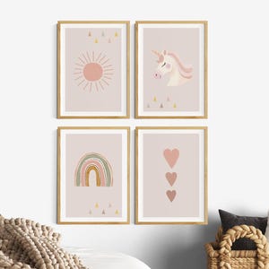 Decoración de habitación infantil para niñas boho, juego de 4 carteles antiguos rosas unicornio, sol, corazones arcoíris, cuadros de pared, decoración de pared para habitaciones infantiles y de niñas