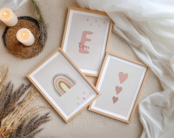 Dusty rose pictures for a girl's room, rainbow children's room poster for a girl with her name, baby set initials for children's room decor, boho hearts watercolor 3-piece set