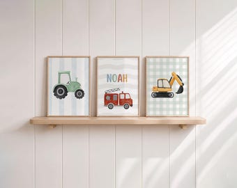 Boys' bedroom pictures, 3-piece personalized set: tractor, excavator, fire engine poster, baby boy's room, watercolor vehicles, Scandinavian wall decor