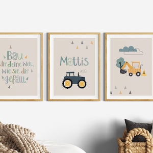 Bilder Kinderzimmer Junge Traktor, Kinderzimmerdeko Poster Set Bagger, Wanddeko Name, Kinder Sprüche, Deko Baby, Baustelle Bauernhof, Grün Beige