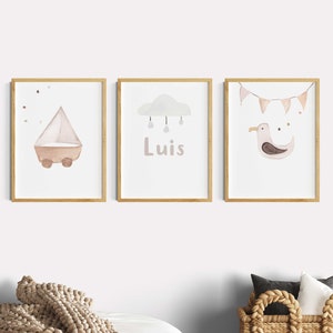 Decoración bohemia para habitación infantil, juego de imágenes para habitación infantil, juego de carteles marítimos, imágenes de animales, gaviota, velero, nube, pastel, acuarela, 3 cuadros de pared, color beige